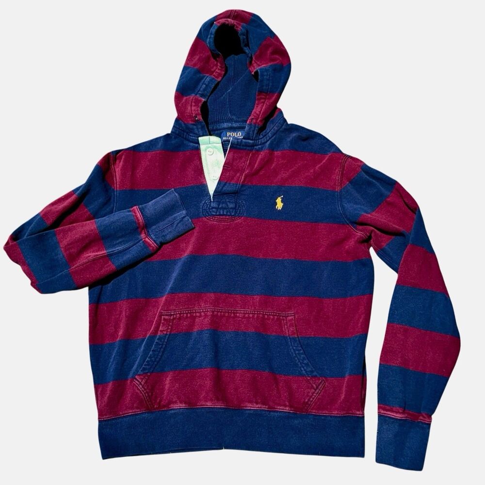 Polo Ralph Lauren Rugby Hoodie Men’s Medium Blue Maroon Striped Kangaroo Pocket